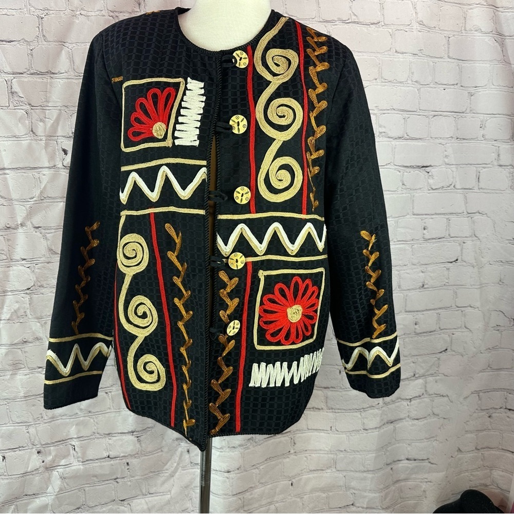 vtg 90s alex kim embellished Embroidered Black Jacket wood toggle button sz M